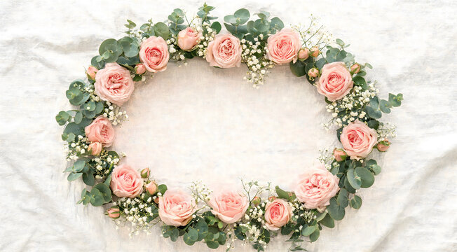 Oval Wreath Frame of Pink Roses Eucalyptus and Baby Breath on Linen