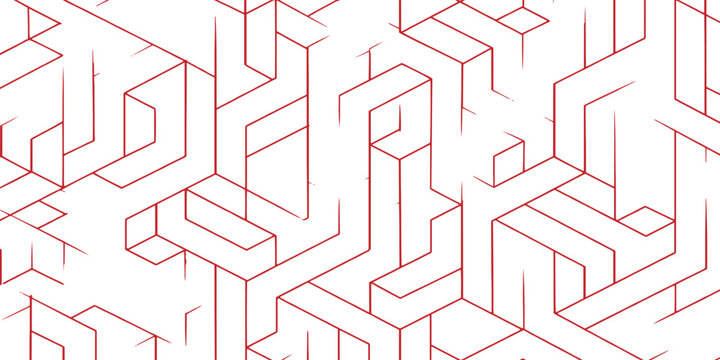 Abstract red and white thin line isometric geometric pattern with 3D maze structure background vector illustration.