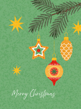 Merry Christmas greeting card featuring a spruce branch and vintage Christmas ornaments on a green background.