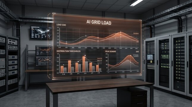 Futuristic data center displaying artificial intelligence insights on a holographic screen, optimizing grid load and showcasing advanced technological infrastructure