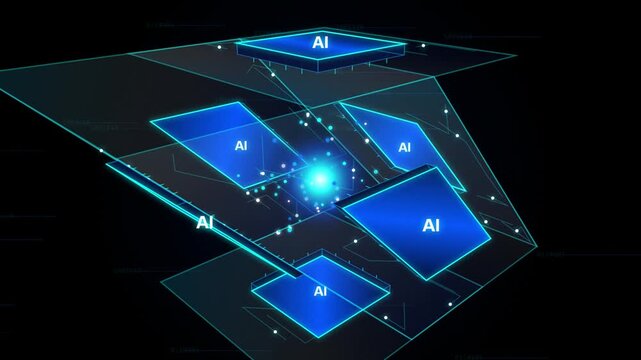 Digital representation of artificial intelligence technology with glowing blue panels and data connections in a 3d cube structure