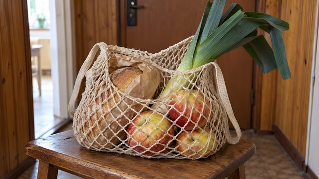 Home from Shopping &mdash; A String Bag of Groceries in a PRL-Era Polish Hallway