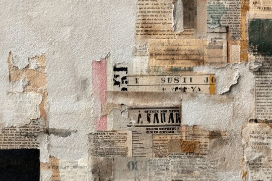 A textured collage of vintage newspaper clippings on a worn surface.