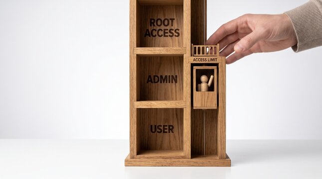 Wooden model representing privilege escalation and least privilege security principle with user, admin, and root access levels, studio shot on white background
