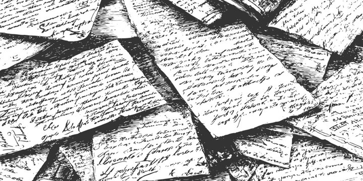 Abstract monochrome scattered vintage manuscript papers with illegible cursive handwriting vector illustration background.