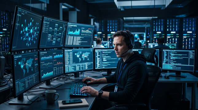 Cybersecurity Analyst Monitoring Multiple Data Screens in Modern Security Operations Center