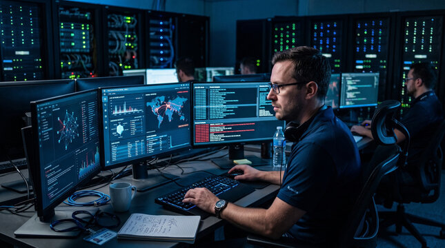 Cybersecurity Analyst Monitoring Multiple Data Screens in Modern Security Operations Center