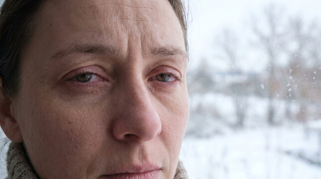 Woman with tired eyes looking out a window in winter setting  