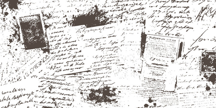 Vintage handwritten document collage with ink splatters and retro script text vector illustration.