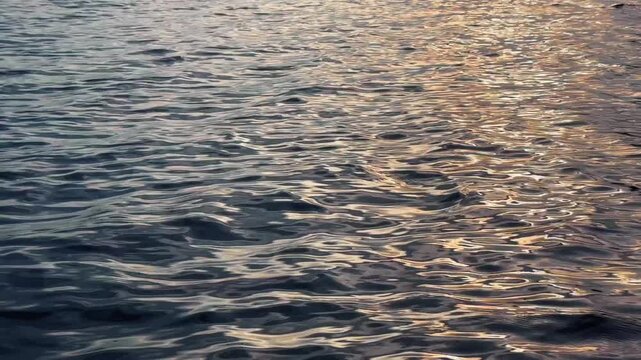 Rippling lake water flows gently during golden sunset light. Dark aquatic surface shows shimmering reflection and peaceful movement, creating calming natural background for tranquil concepts.