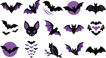Fototapeta premium Halloween bat icons set with purple and black silhouettes for holiday design