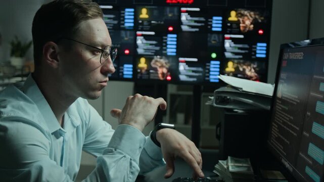 Caucasian young man analyzing cyber data across multiple computer screens in office. Footage suitable for cybersecurity marketing, data surveillance, and intelligence technology concepts