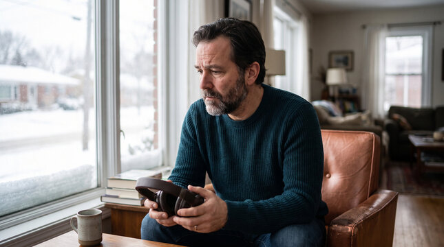 Middle-aged man sitting indoors, looking thoughtfully out the window  