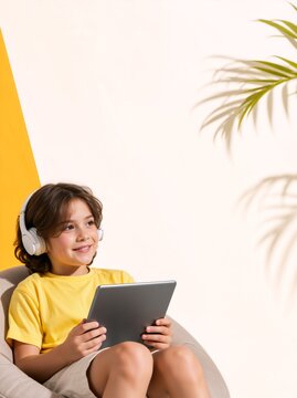 Vertical portrait of a young boy wearing headphones and holding a tablet. Child sitting in a beanbag chair against a yellow and white background with palm shadow. Copy space for text