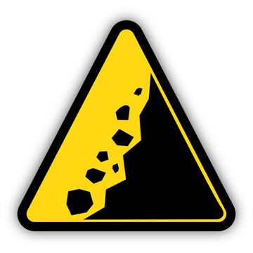 Yellow triangle sign with falling rocks symbol for warning of landslide hazard