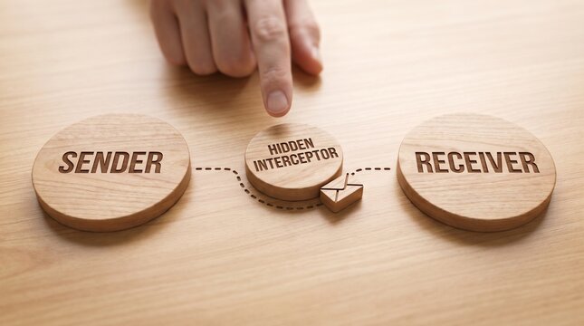 Hand pointing to a wooden block labeled hidden interceptor between sender and receiver, representing a man in the middle attack and communication interception concept