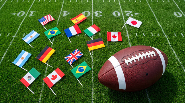 American football ball on green grass field with various international flags