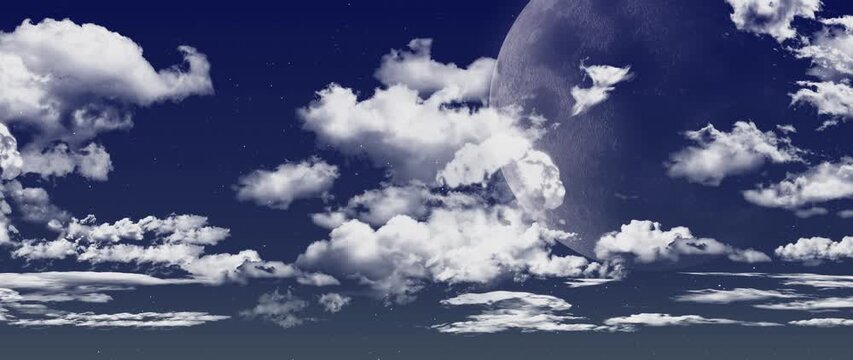 Dreamy Night Sky with a Giant Moon, Stars, and Flowing Clouds