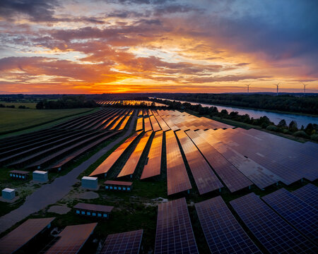 Aerial view of solar farm at sunset next to a canal with wind turbines in the background. Large photovoltaic solar panel park during sunset.
