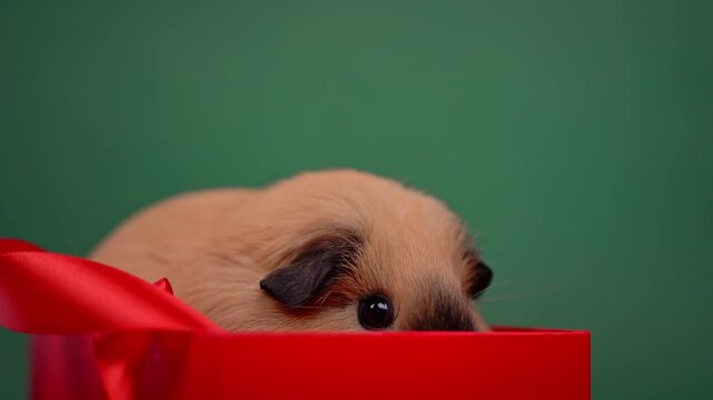 Guinea Pig Looking out of a Red Christmas Gift Box