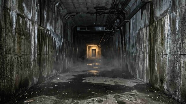 Abandoned concrete tunnel with mysterious glowing light at the end, evoking a sense of mystery and desolation in an industrial or underground setting