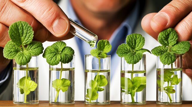 Scientist adds liquid solution to plant samples in test tubes, representing biotechnology and research concepts