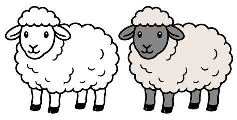 Obraz premium Two cartoon sheep, one outlined and one colored, stand side by side, showcasing a simple illustration for children or educational purposes.