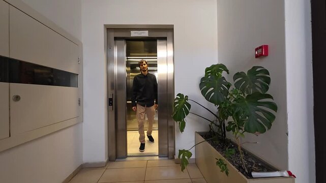 Man steps from elevator into hallway, walking forward in dark shirt and tan trousers. Large indoor plant beside tiled corridor adds greenery to office setting as he leaves elevator and proceeds