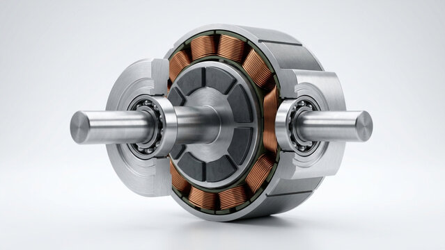 Electric Motor Cross Section Diagram with Stator Copper Coils Rotor and Shaft in 3D Rendering on White Background