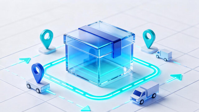 3D glass delivery box icon with location pin markers for logistics tracking