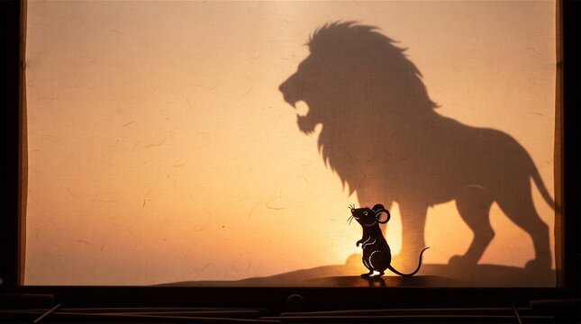 Small mouse with big lion shadow, courage concept