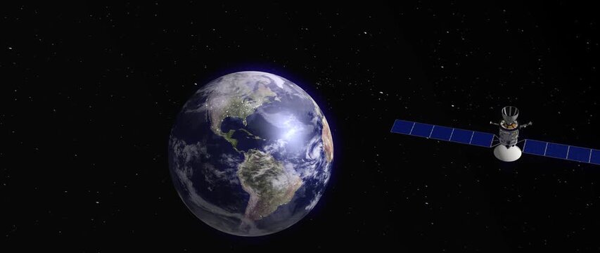 Global communication satellite orbiting planet Earth in dark starry space