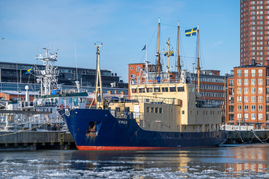 Gothenburg, Sweden - February 08 2026: Modern research or service vessel moored at city quay.