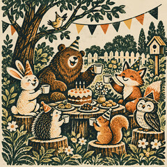 Fototapeta premium Cute woodland animals birthday party linocut illustration, retro woodcut forest animals celebrating with cake vector art