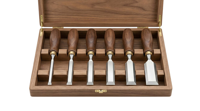 Premium wooden-handled set of precision chisels in elegant wooden case, showcasing specialized craftsmanship tools, ideal for woodworking, metalworking, and DIY projects