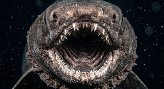 Close-up front view of a terrifying frilled shark with its mouth wide open revealing rows of needle-like teeth in the deep ocean