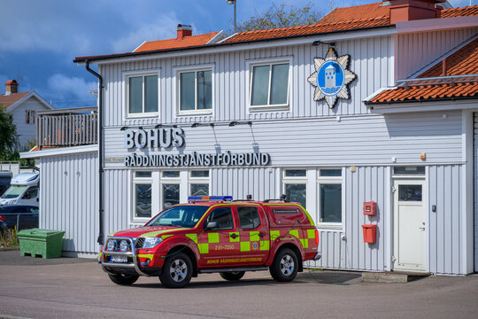 Marstrand, Sweden - August 20 2026: Mitsubishi L200 rescue pickup outside Bohus emergency station in Marstrand.