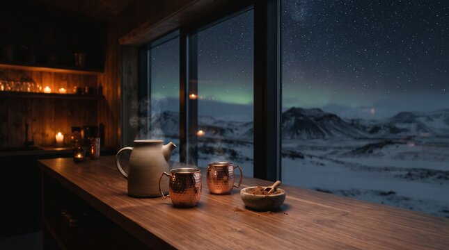 Dark sky cocoa bar in an Iceland winter lodge