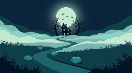 Fototapeta premium Spooky halloween night background with haunted house, full moon, winding path and pumpkins