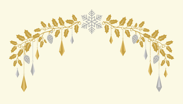 Christmas arch frame with holly leaves and hanging ornaments