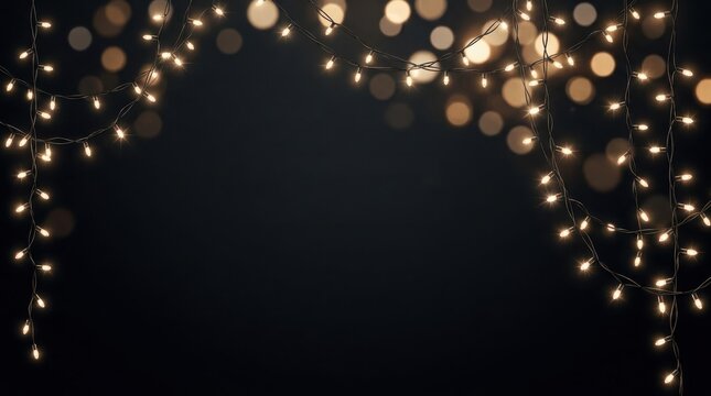 Warm string lights glowing against a dark background with bokeh effect