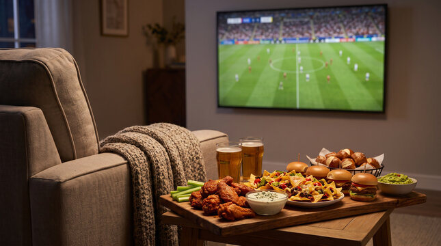 Halftime snack board with wings, nachos and sliders next to the sofa while a soccer match plays on TV at home