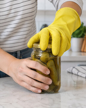 Opening a stubborn pickle jar with a rubber glove