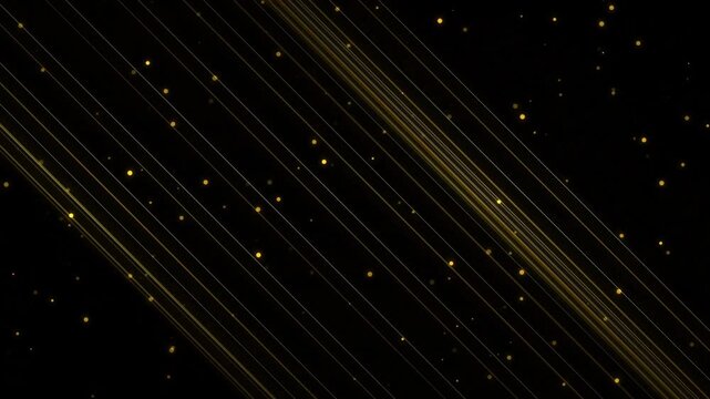 Golden diagonal vector streams and glittering particles on a black background seamless looping animation