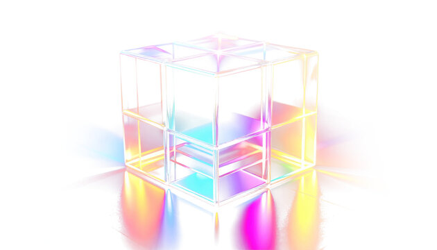 Futuristic transparent glass cube with vibrant neon blue and orange light effects in PNG format, isolated on transparent background for modern design.
