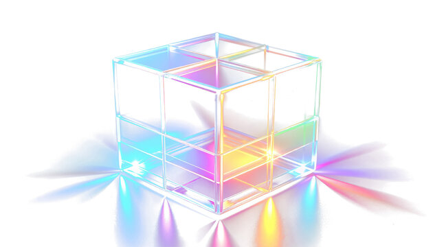 A glowing neon glass cube PNG with vibrant colorful light refraction, perfect for transparent background modern design projects.