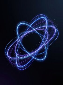 Abstract glowing neon light trails orbiting against dark background with bokeh