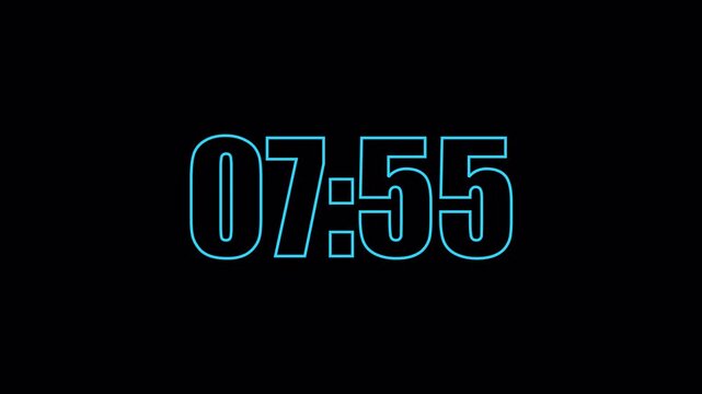 8 Minute Countdown Timer, Neon Digital Clock Animation from 08:00 to 07:00, Glowing Futuristic Time Counter, 1 Minute Countdown, Transparent Background, 4K Alpha Channel