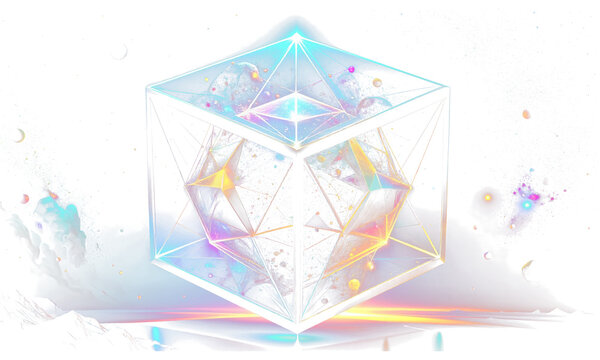 Futuristic cosmic cube PNG with glowing galaxy inside, isolated on transparent background. Ideal for sci-fi, magic, technology and space digital design.