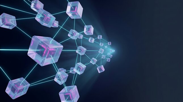 Blockchain network visualization with glowing interconnected glass cubes representing decentralized data nodes and secure information exchange